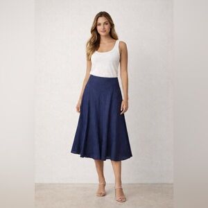 Lauren Ralph Lauren Navy Blue A-Line Midi Skirt size small 100% linen